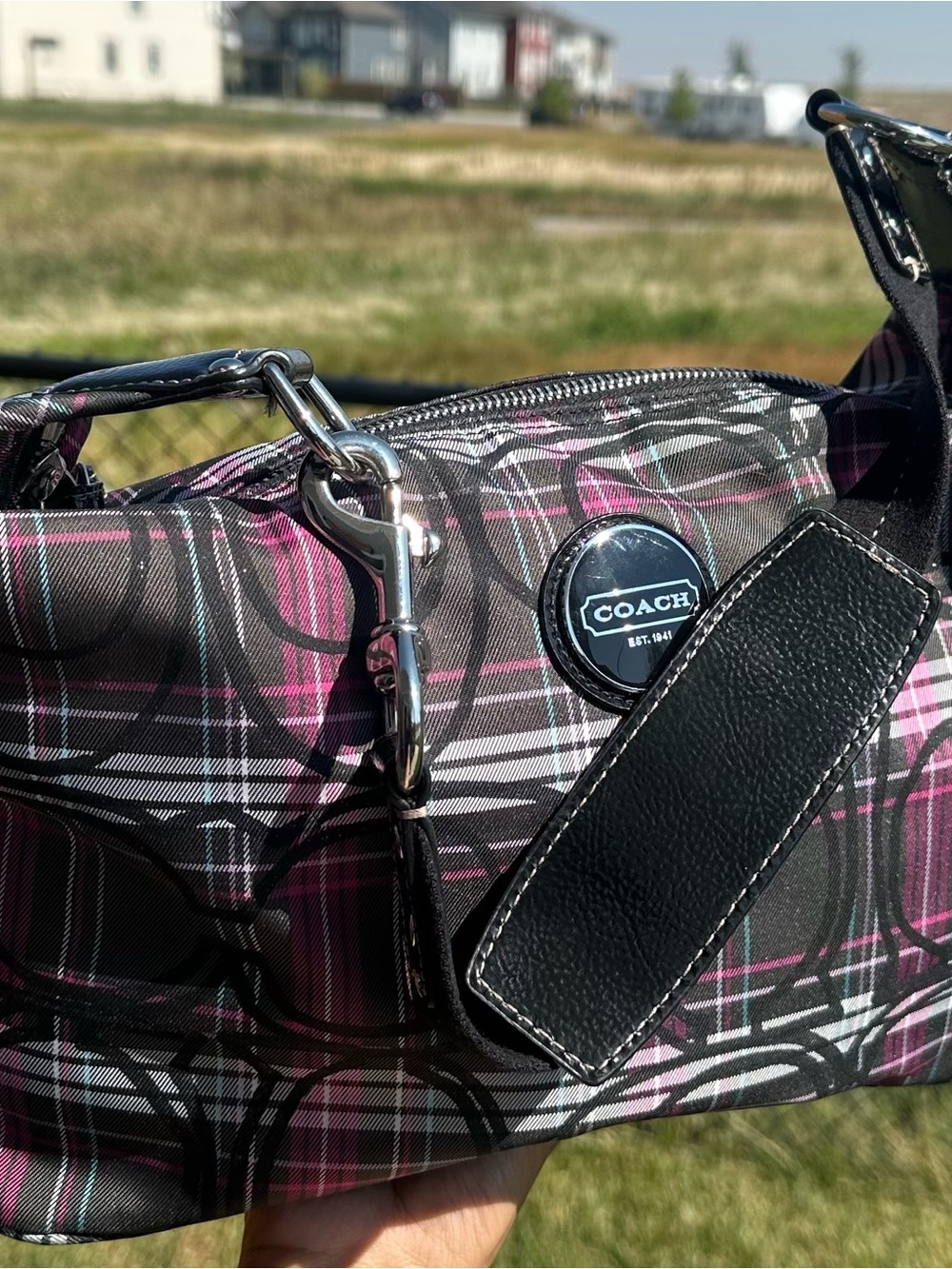 COACH Black and Pink Plaid Mini Shoulder Bag